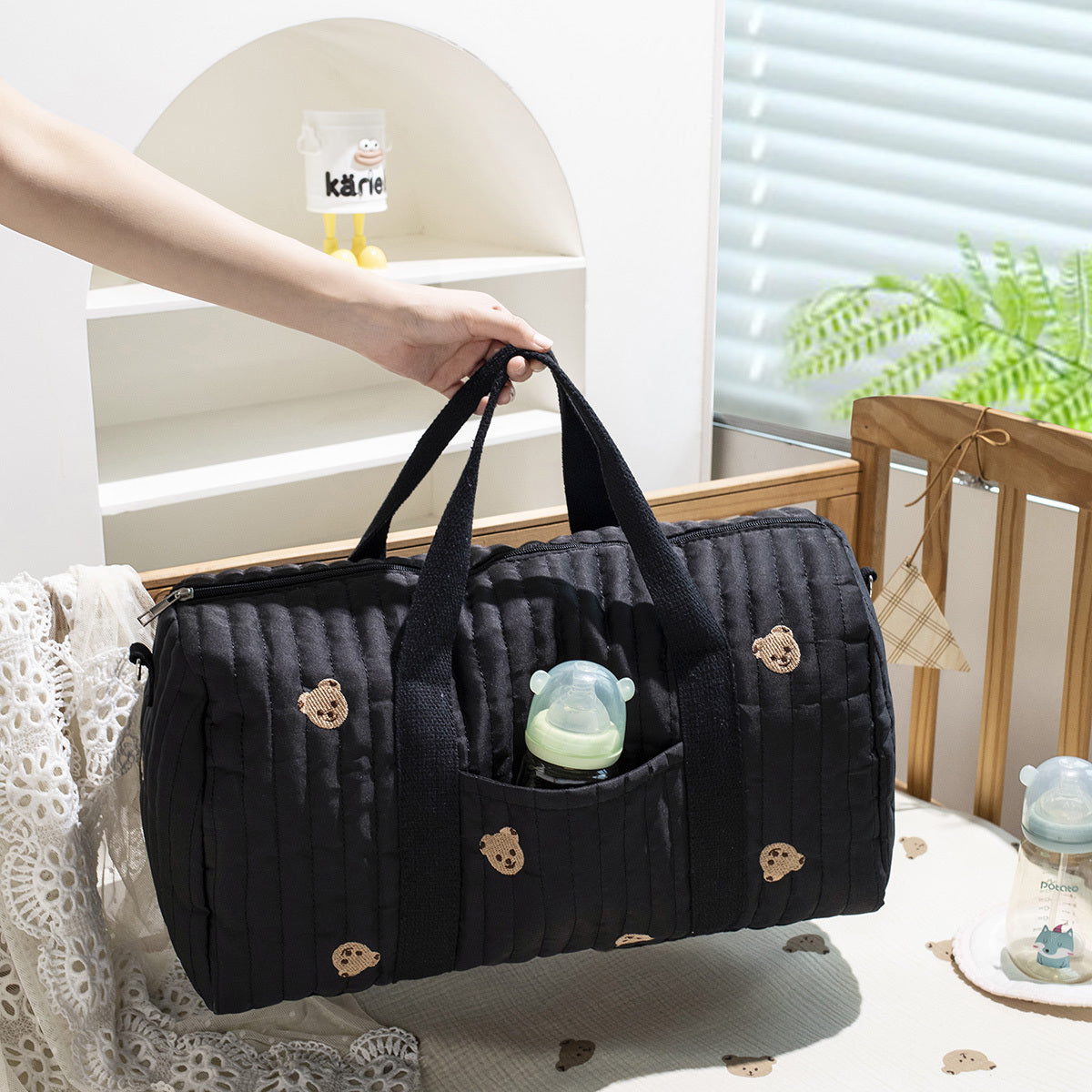 Large Mommy Bag Durable Polyester Large Capacity Embroidered Black Teddy Bear Multi Functional Storage Portable Crossbody Design Everyday Carry Bag Playful Design Sturdy Handle Diaper Bag