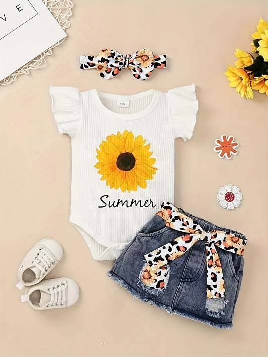 2pcs Baby Girl Denim Skirt Outfit Set with Cap Sleeve Bodysuit and Hairband for Summer Toddler and Infant Clothes