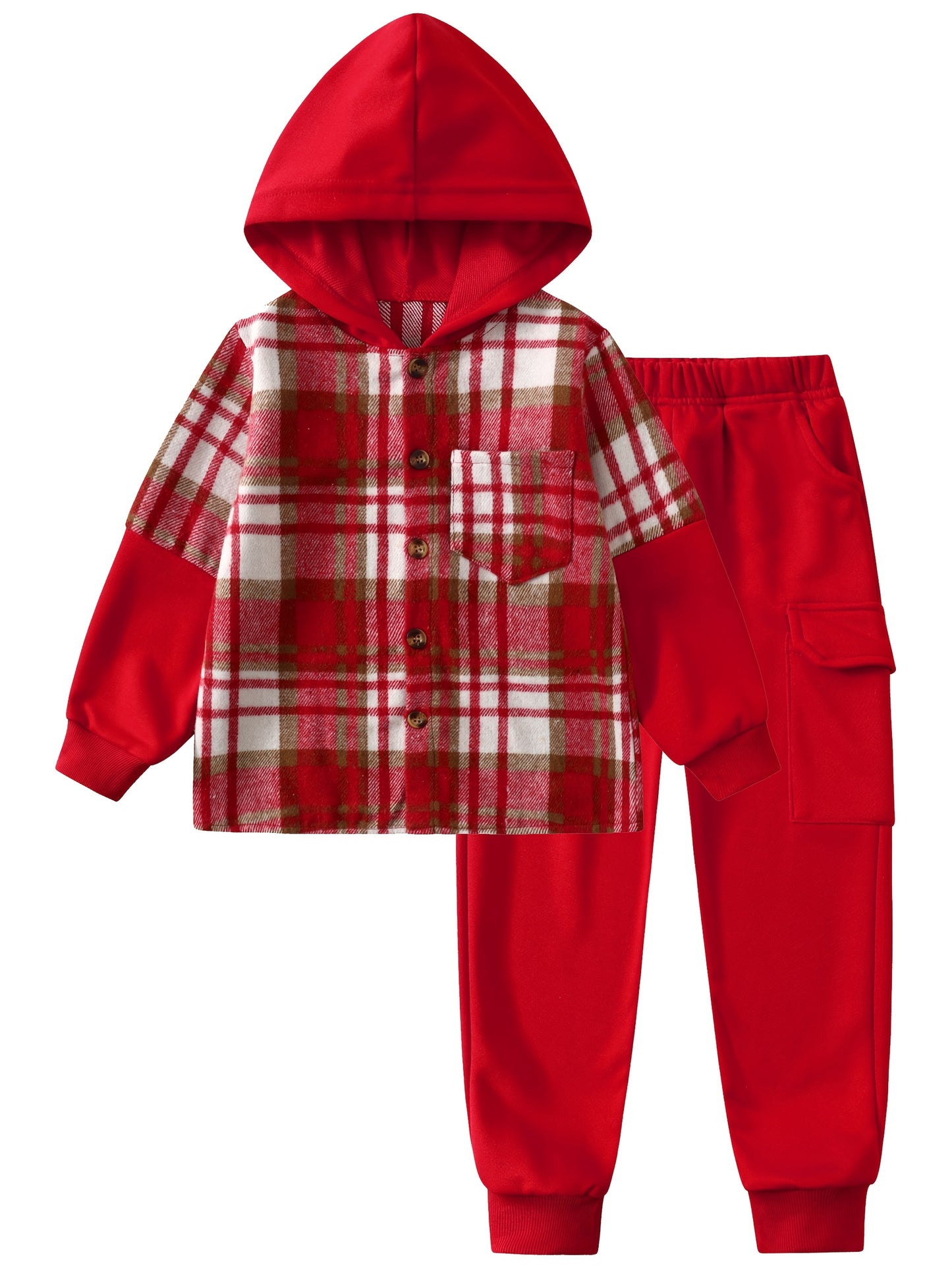 2pcs Fall And Winter Boys Long Sleeved Plaid Cardigan Suit Hooded Jacket And Fashion Work Pants