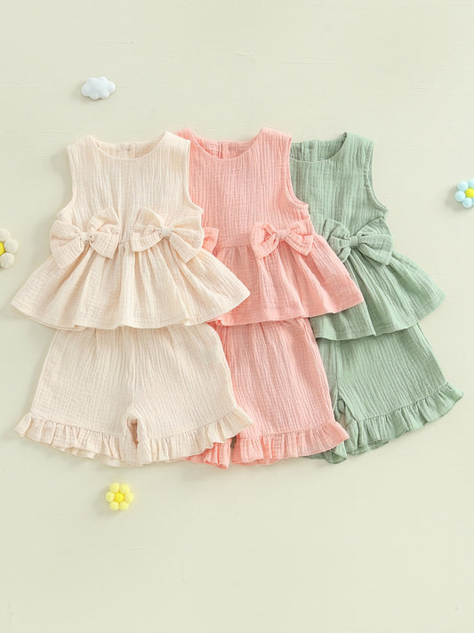 Toddler Girl Summer Clothes Solid Color Bow Round Neck Tank Tops and Elastic Waist Ruffled Shorts 2 Piece Set for Outdoor Activities