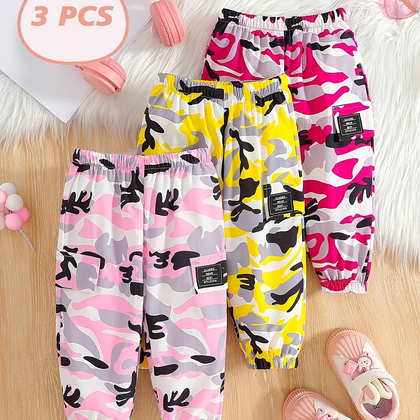 3pcs Combination Suit Girls' Pants, Girl Products, Girls' Clothing, Girl's Spring And Autumn Leisure Loose Fitting Fake Pocket Camouflage Street Workwear Wide Leg Pants Suitable For Going Out, School Gifts, School Season, for