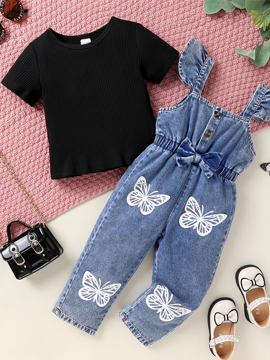 2 Pieces Set Of Elegant Sweet And Cute Little Girl's Neat Color Pit Stripe T-shirt And Butterfly Print Ruffled Denim Jumpsuit For Casual Daily Vacation Parties