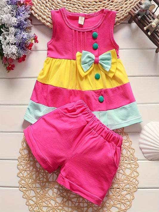 Baby Girl Fashion Summer Bow Patchwork Vest Shorts Two Piece Set Western Style Outfits Perfect for Outdoor