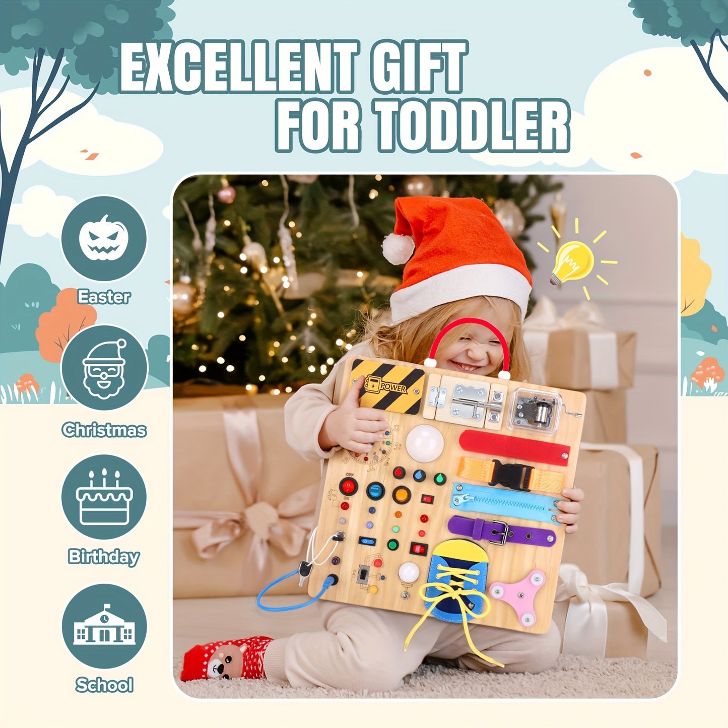 Busy Board For Youngsters Sensory Travel Toy With Colorful Buttons Shapes And Textures Wooden Preschool Learning Activity Perfect Gift For 1 To 3 Year Old Boys And Girls Portable Design
