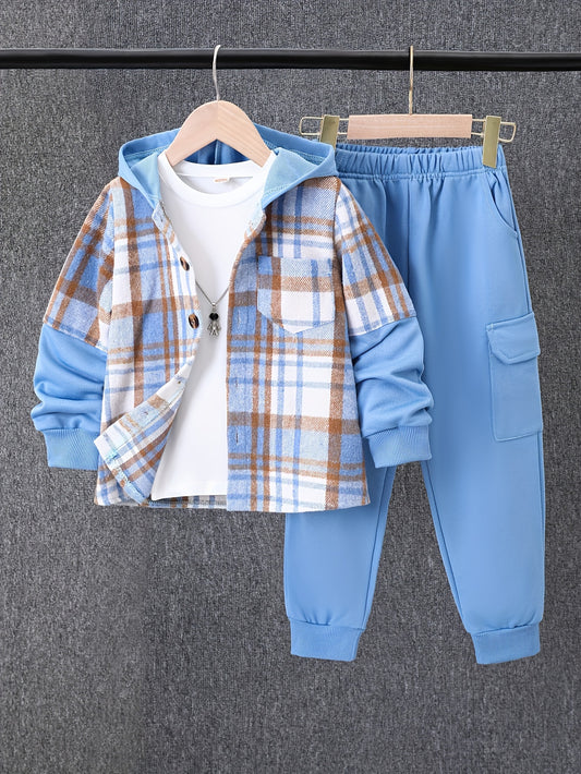 2pcs Fall And Winter Boys Long Sleeved Plaid Cardigan Suit Hooded Jacket And Fashion Work Pants