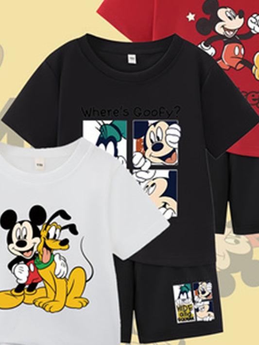 Disney Licensed Cotton Casual Short Sleeve And Shorts Set For Boys And Girls Breathable And Comfortable Summer Outfit Suitable For Travel And Outdoor Play