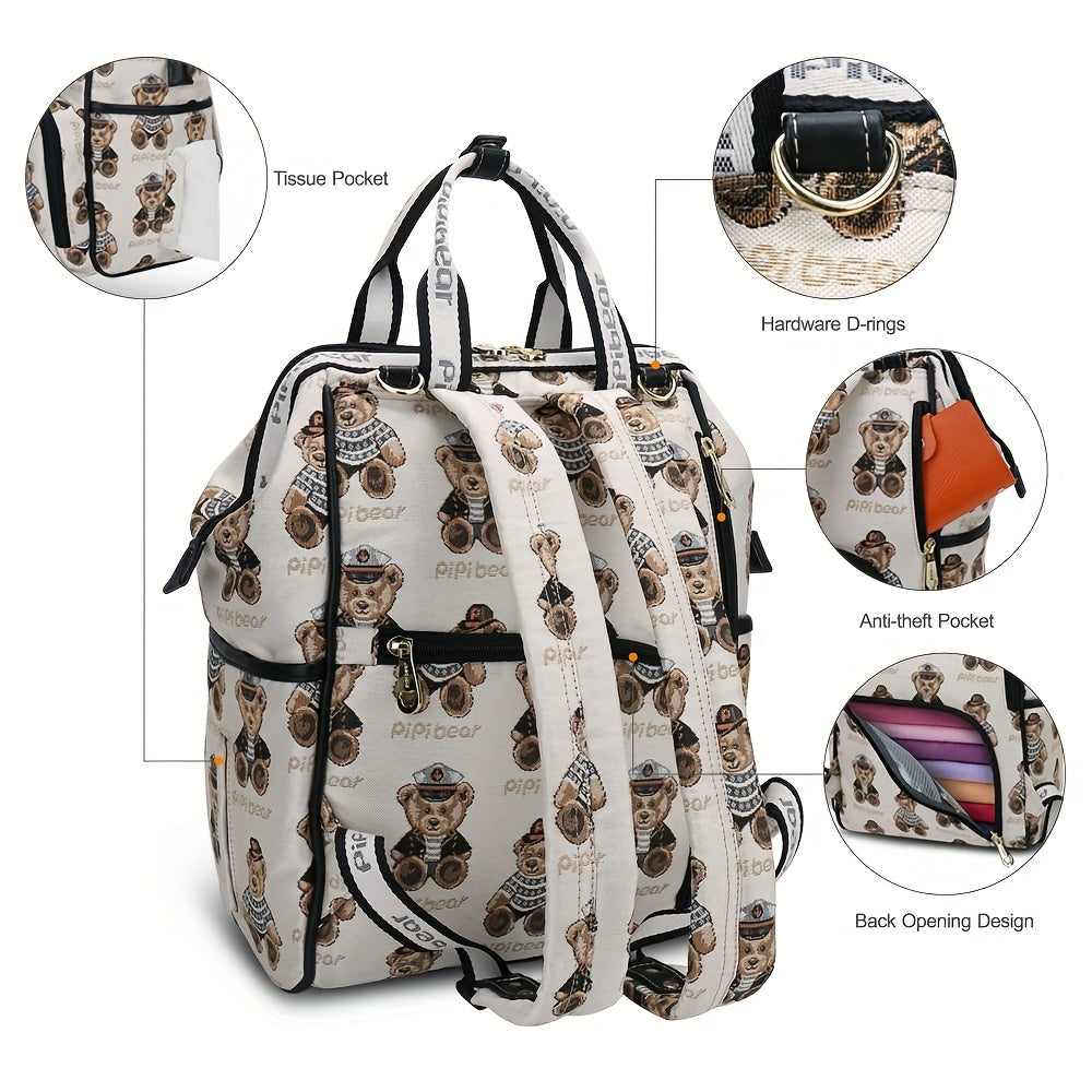 Cute Bear Mom Backpack Large Capacity Diaper Bag Adjustable Straps Insulated Cup Holder for Spring Travel Hiking