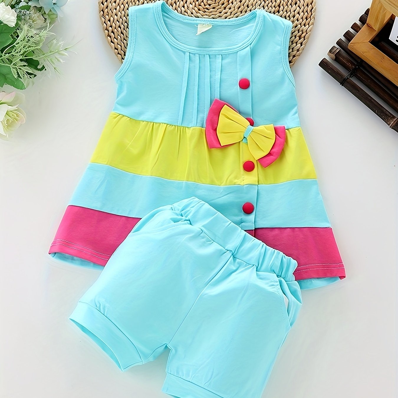 Baby Girl Fashion Summer Bow Patchwork Vest Shorts Two Piece Set Western Style Outfits Perfect for Outdoor