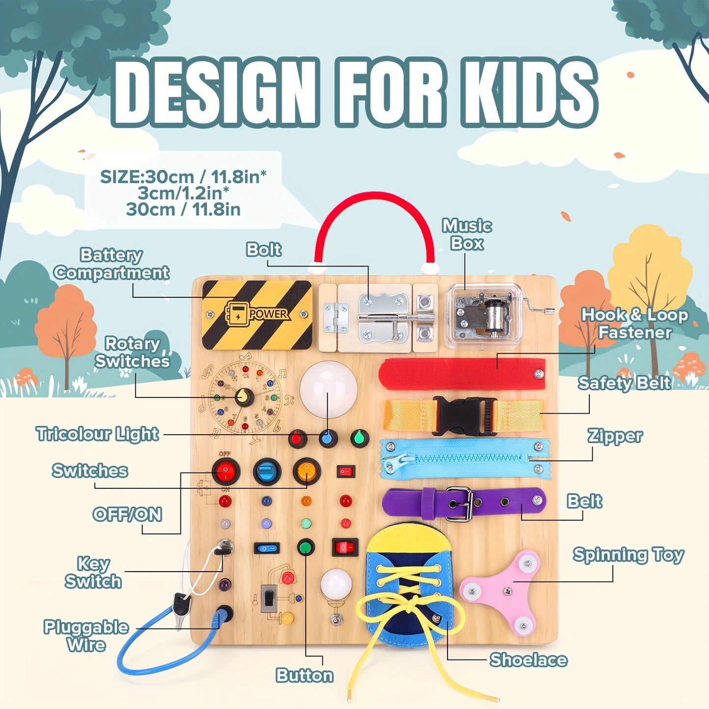 Busy Board For Youngsters Sensory Travel Toy With Colorful Buttons Shapes And Textures Wooden Preschool Learning Activity Perfect Gift For 1 To 3 Year Old Boys And Girls Portable Design