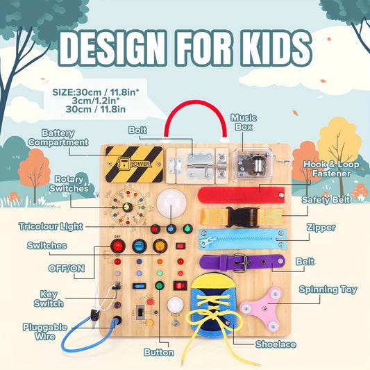 Busy Board For Youngsters Sensory Travel Toy With Colorful Buttons Shapes And Textures Wooden Preschool Learning Activity Perfect Gift For 1 To 3 Year Old Boys And Girls Portable Design