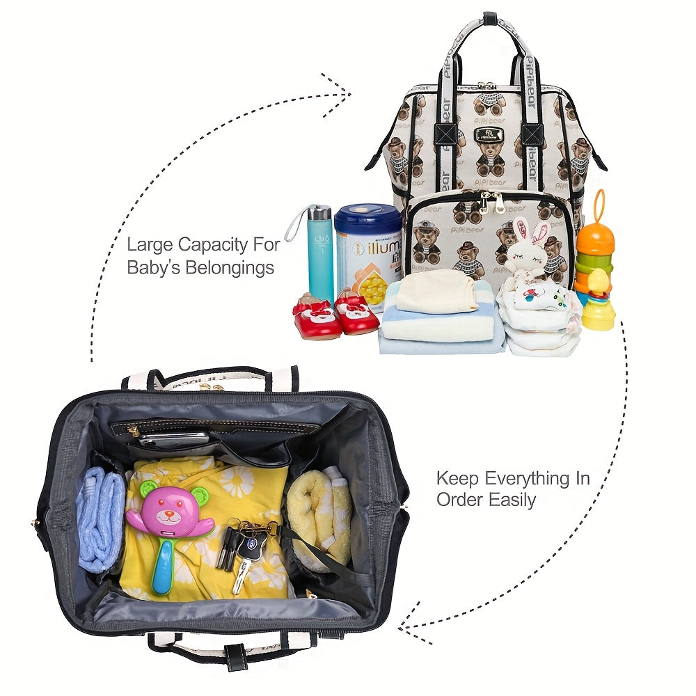 Cute Bear Mom Backpack Large Capacity Diaper Bag Adjustable Straps Insulated Cup Holder for Spring Travel Hiking