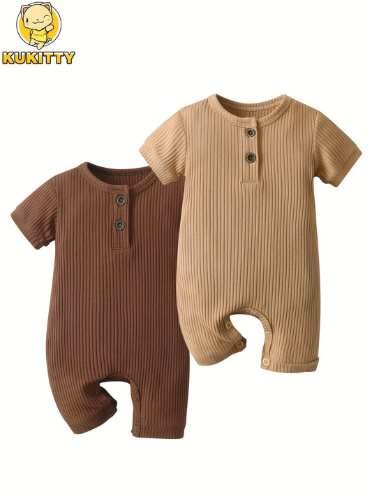 Summer Baby Romper 2 Pack KuKitty Newborn Short Sleeve Jumpsuits Solid Color for Outdoor Summer