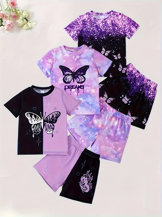 Butterfly Outfit Six Piece Outfit Butterfly Design Top Paired With Print Shorts For Girls Outdoor