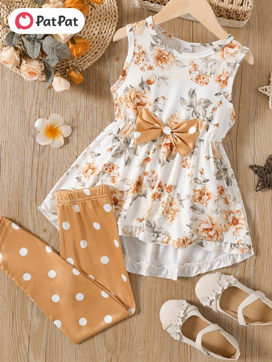 Cute Floral Dress Patpat 2pcs Toddler and Kid Girl's Outfit Sleeveless Dress with Bow and Polka Dot Leggings Soft Summer Spring Clothes for Girls 2 to 12 Years