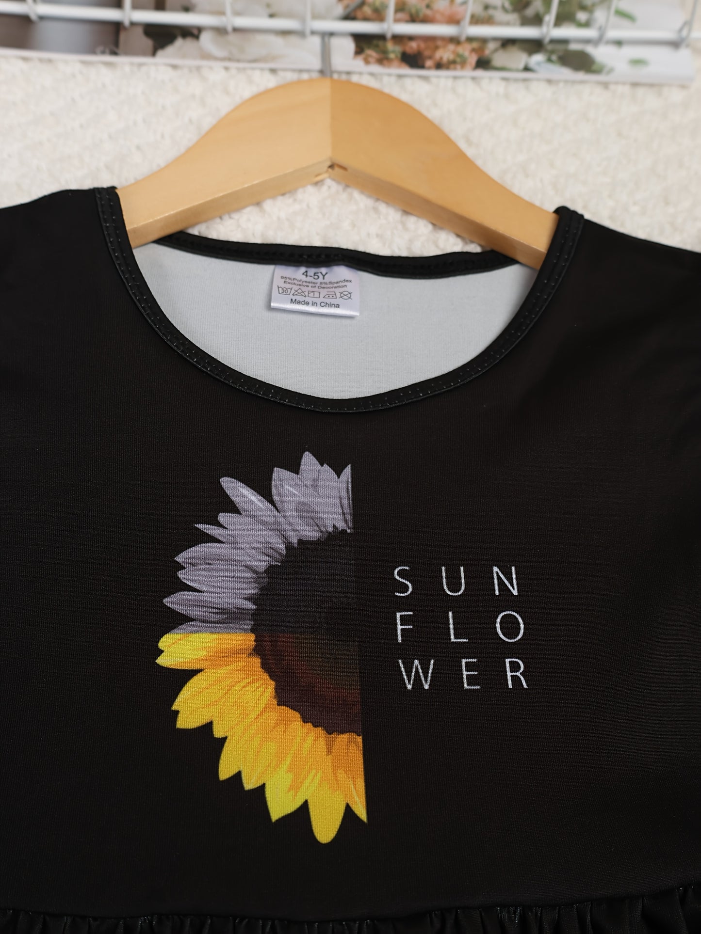 Girls Summer Sunflower Print Dress with Ruffled Sleeves Black and Yellow Floral Pattern Casual Crew Neck Mid Calf Length Fitted Top and Flared Skirt Breathable Polyester Machine Washable