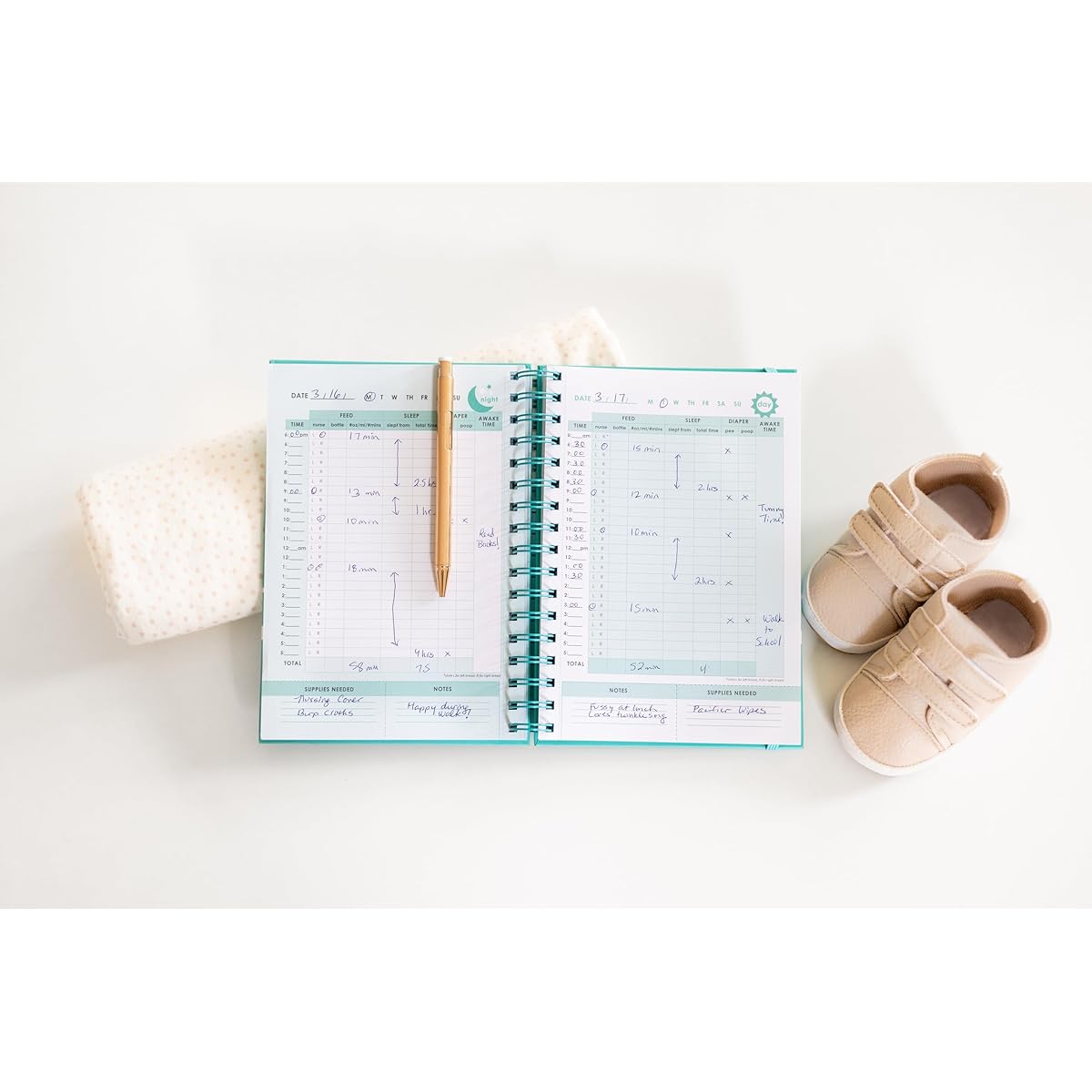 Pearhead Daily Log Book 50 Page Spiral Bound Tracker for Youngsters Nursing Sleep Feeding and Pumping Organizer with Photo Insert Teal Cover Gift for New Moms Durable Spiral