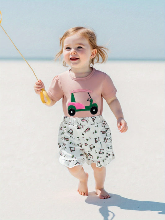 Toddler Girls Summer Outfit Golf Print Embroidery Short Sleeve T-Shirt and Elastic Shorts Set Cute 2 Piece Clothes for Outdoor Activities