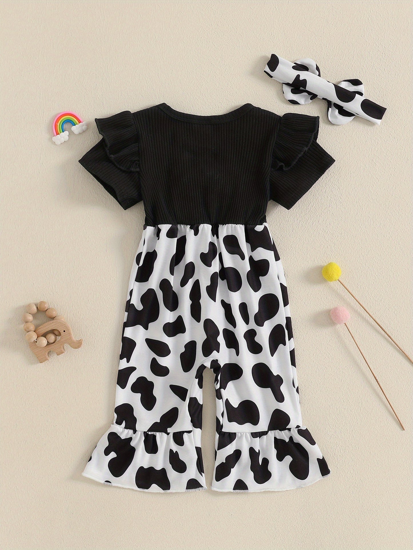 Baby Girl 2pcs Spring Outfit Short Sleeve Round Neck Cow Embroidery Jumpsuit with Headband Set Newborn Clothes for Outdoor