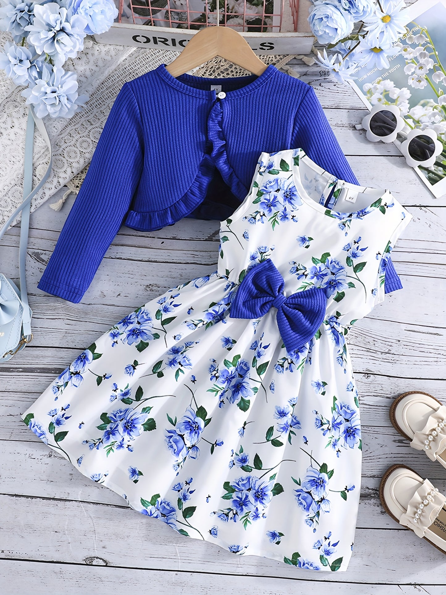 Girl Dress Set Floral Print Round Neck Bow A-Line Tank Dress with Ruffled Ribbed Cardigan