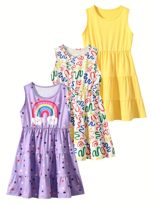 3 Pack Summer Girls Sleeveless Dresses Easter Holiday Gift Party Chic Peplum Casual Dresses for Kids