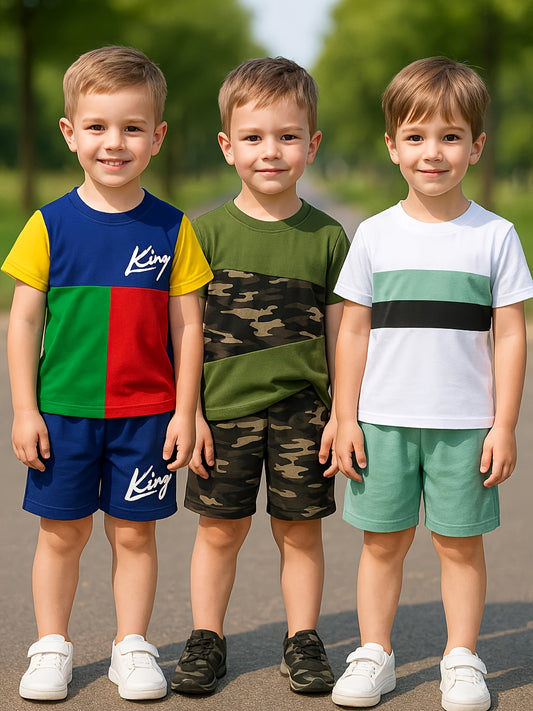 6 Piece Targeted Development Boys Fashion Summer Shorts Set with Cool Printed Shirt and Three Shorts for Outdoor Leisure Activities
