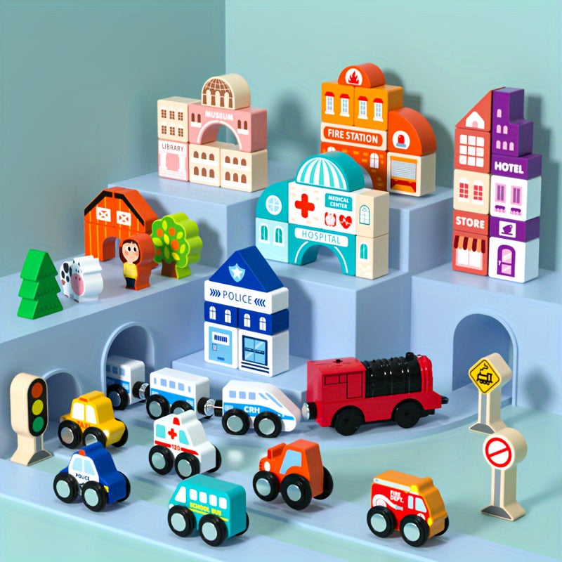 Wooden Magnetic Jigsaw Puzzle Funny City Construction Stacking Blocks Shape Cognition and Fine Motor Skills Training Christmas Birthday Gift for Boys and Girls