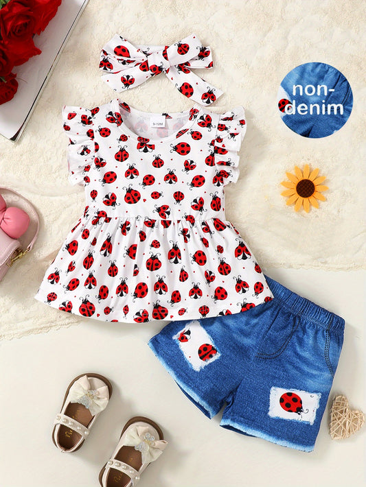 Cute Ladybug Baby Girl Ruffle Trim Sleeve T-Shirt and Shorts Outdoor Set Toddler Girl Casual Summer Outfit