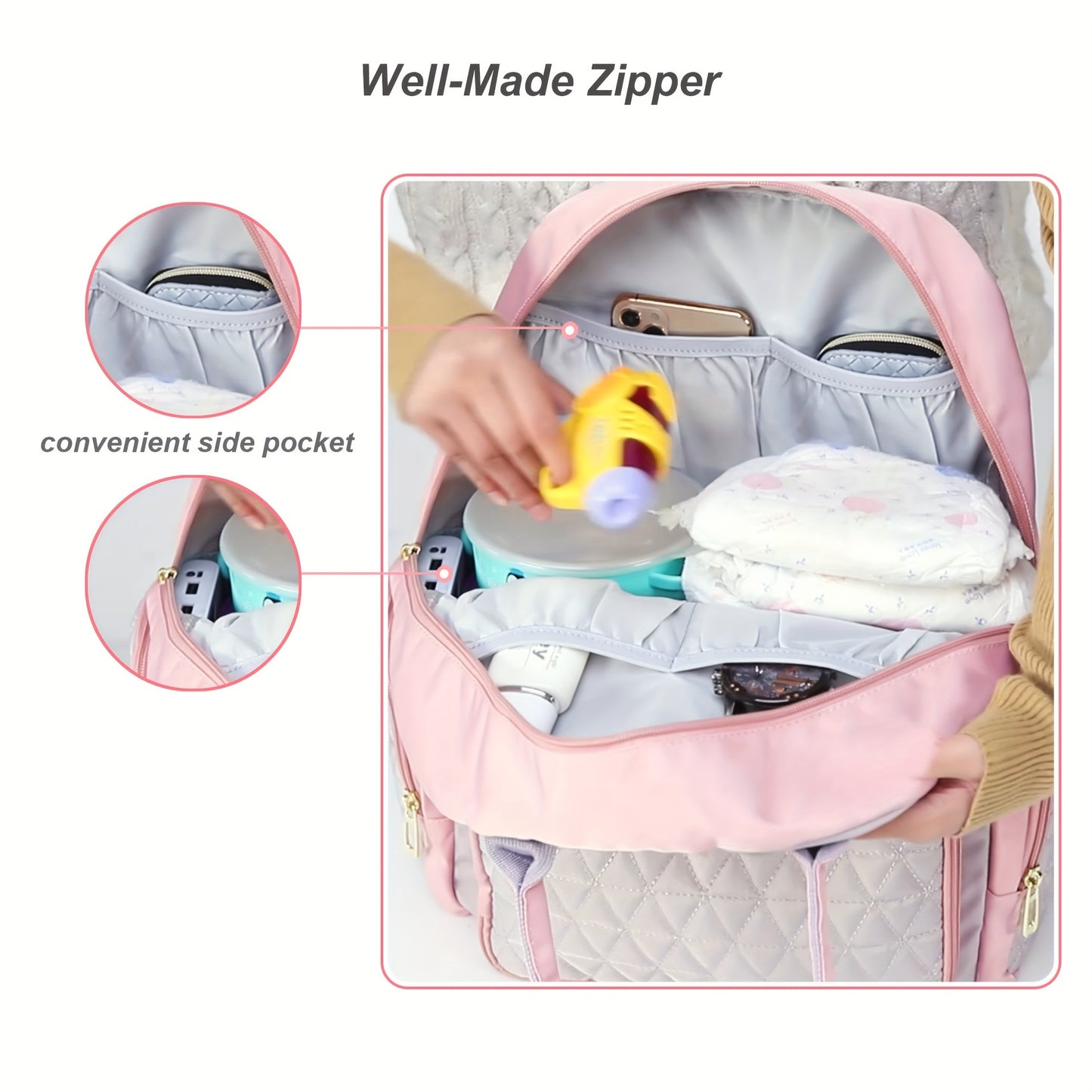 High Quality Pink Quilted Diaper Backpack with Zipper Pockets for Moms Hospital Bag Travel Essentials Stylish Casual Polyester Fabric