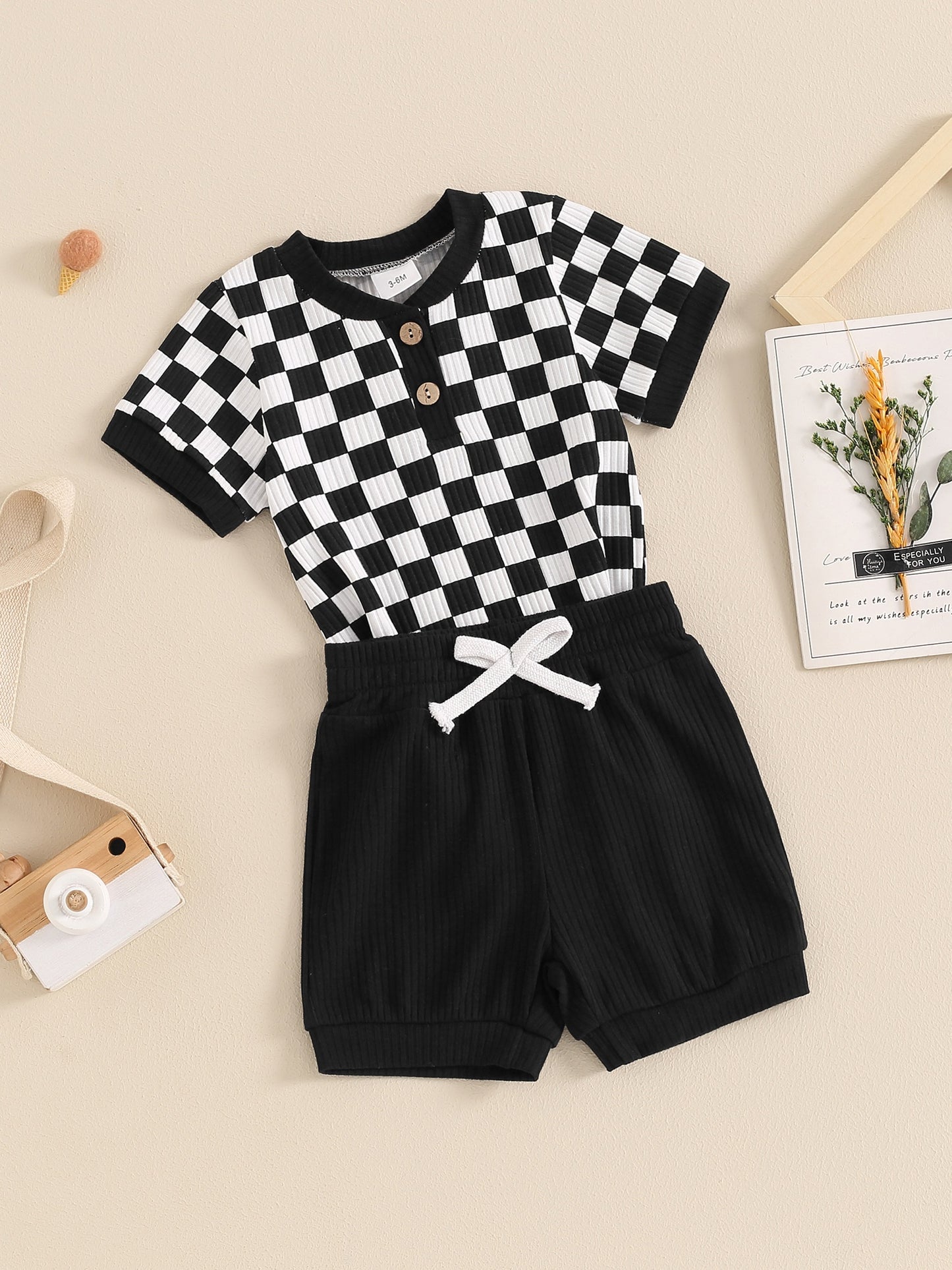 Baby Boys Summer Outfits Checkerboard Buttons Short Sleeve Romper And Shorts 2pcs Clothes Set For Outdoor