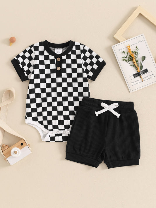 Baby Boys Summer Outfits Checkerboard Buttons Short Sleeve Romper And Shorts 2pcs Clothes Set For Outdoor