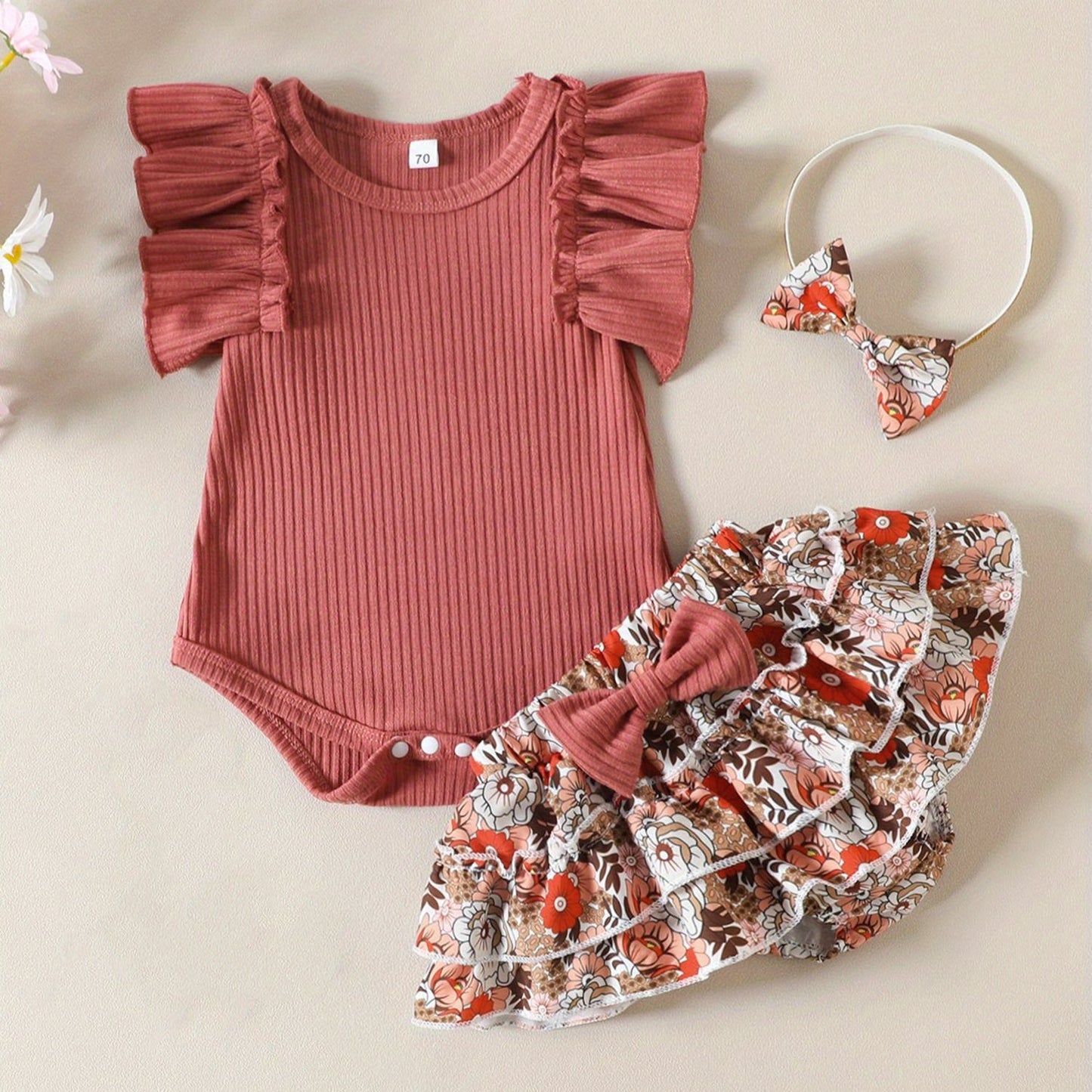 Baby Girls Summer Outfit Set Ruffle Sleeve Ribbed Romper Floral Culottes Headband Outdoor Wear