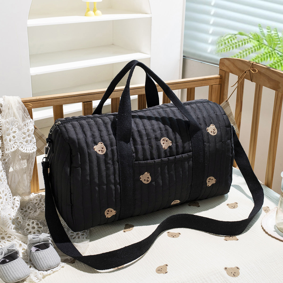 Large Mommy Bag Durable Polyester Large Capacity Embroidered Black Teddy Bear Multi Functional Storage Portable Crossbody Design Everyday Carry Bag Playful Design Sturdy Handle Diaper Bag