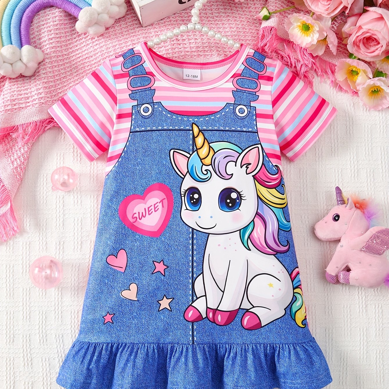 Baby Girl Summer Casual Dress Adorable Unicorn and Heart Print Striped Sleeves Imitation Denim Shoulder Straps Flared Ruffled Hem Machine Washable Lightweight Playwear