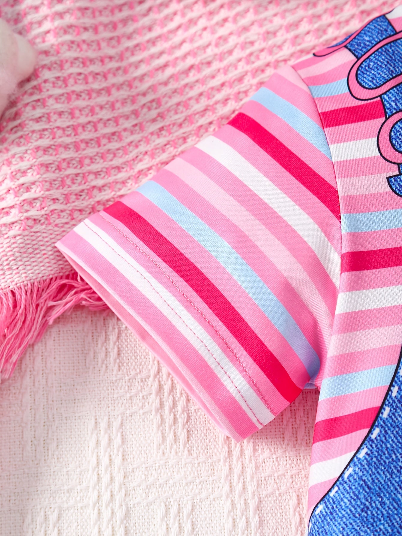 Baby Girl Summer Casual Dress Adorable Unicorn and Heart Print Striped Sleeves Imitation Denim Shoulder Straps Flared Ruffled Hem Machine Washable Lightweight Playwear