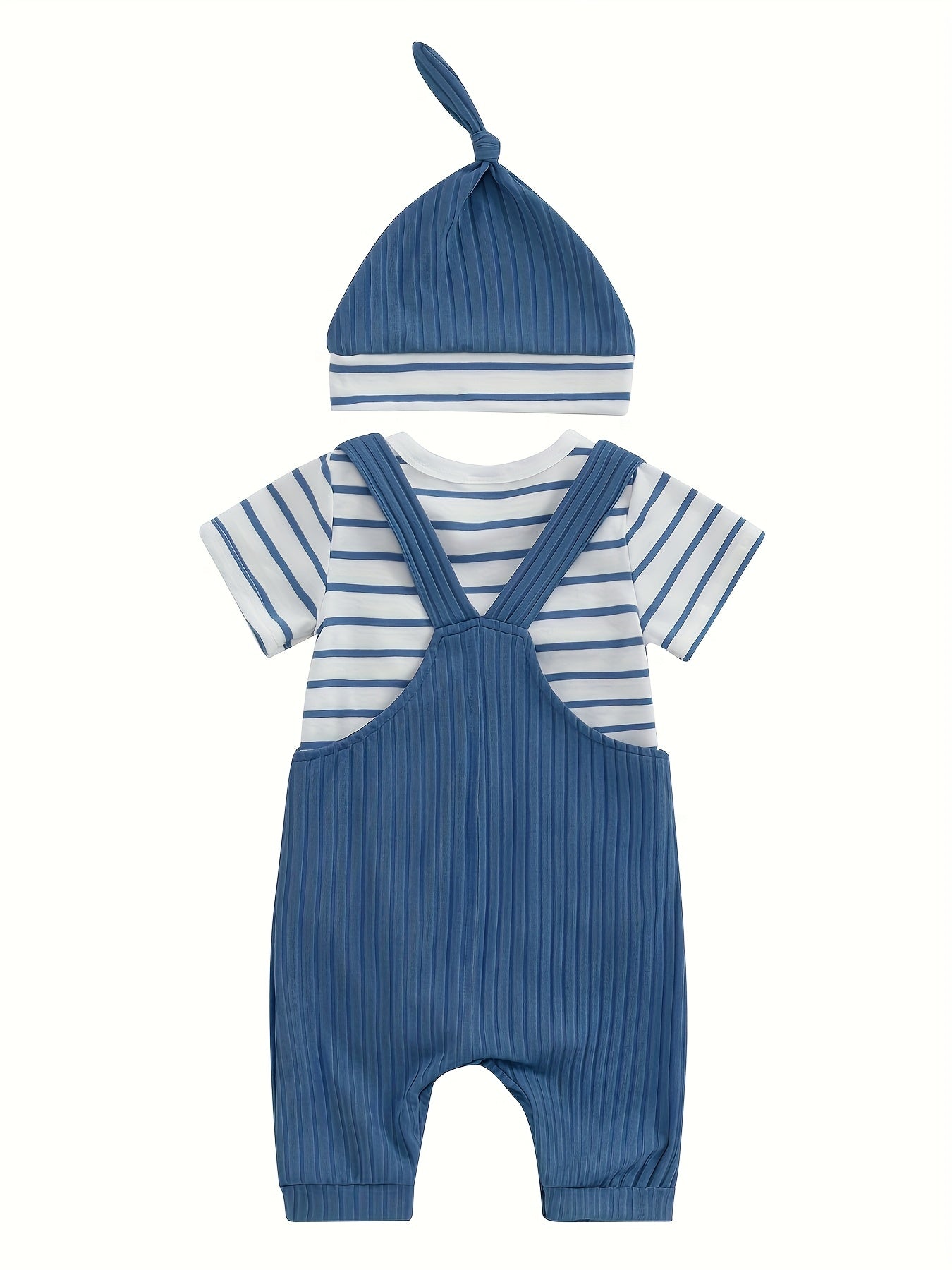Baby Boys Summer Outfits Stripe Short Sleeve Rompers Suspender Pants Hat 3 Piece Clothes Set for Outdoor Activities