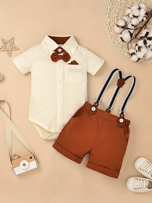 Baby Boy Clothes Infant Little Gentleman Romper Strap Pants Bowtie 3pcs Outfits 0-18 Months