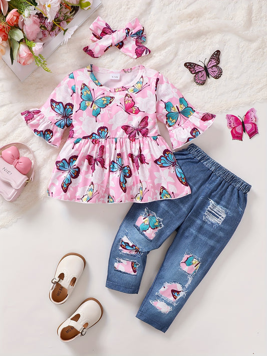 Toddler Baby Girl Winter Outfits Cute Butterfly Top And Jeans Set