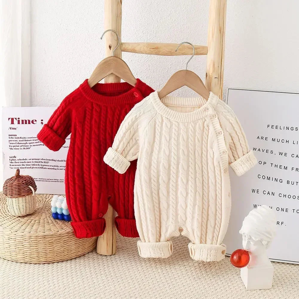 0 To 24M Unisex Baby Cable Knit Romper Warm Elastic Cuff Side Button Autumn