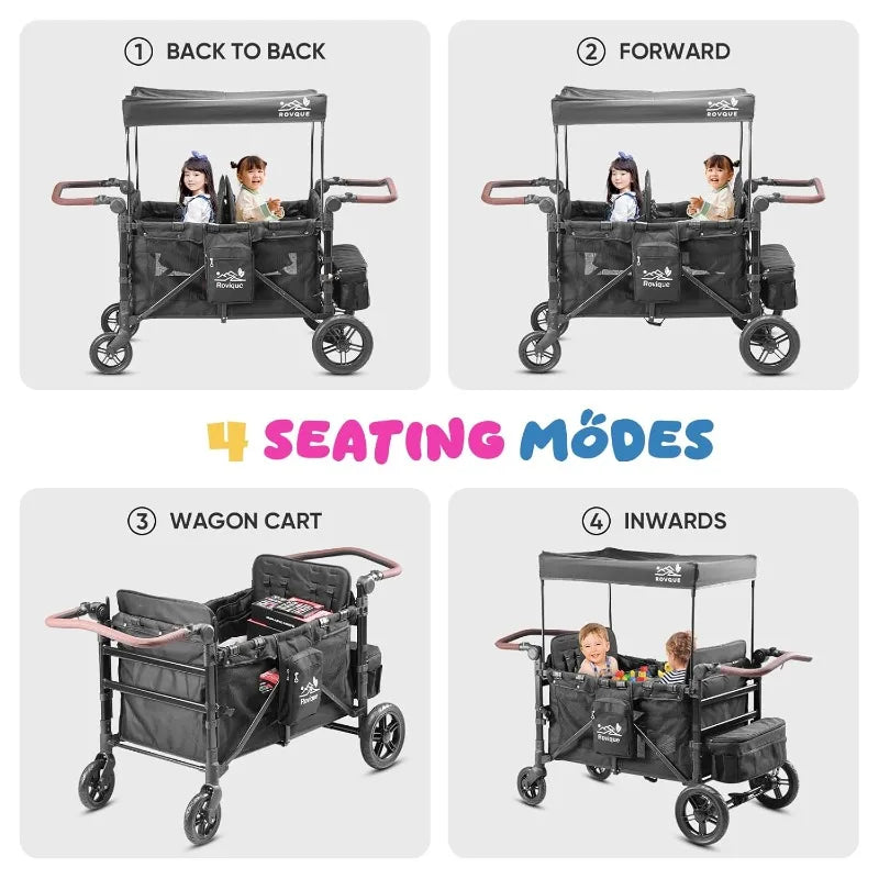 4 Seater Wagon Stroller Foldable All Terrain Quad Wagon Canopy Detachable Tray