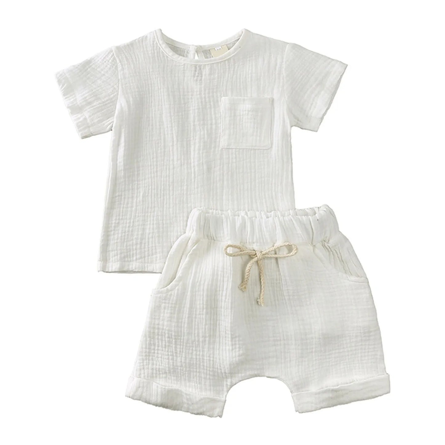 Kids Summer Outfit Set Short Sleeve Top And Shorts Solid Color Polyester