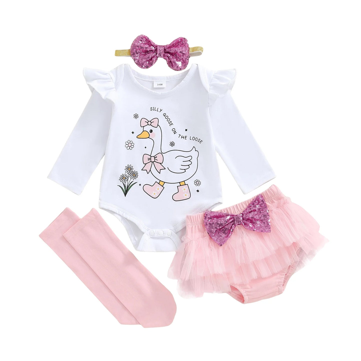 Adorable Baby Girl Outfit Set Romper With Duck Print Tulle Skirt Headband