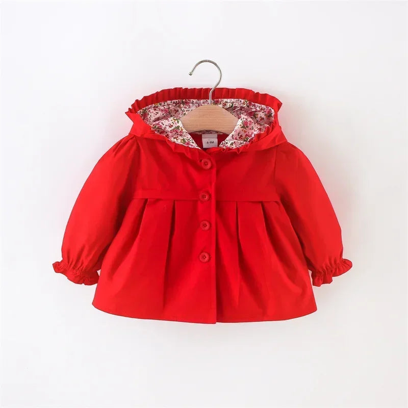 Newborn Baby Girl Hooded Spring and Autumn Solid Color Windbreaker Jacket
