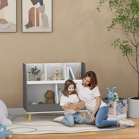 2 Tier Kids Bookcase Toy Shelf with 5 Compartments Gray