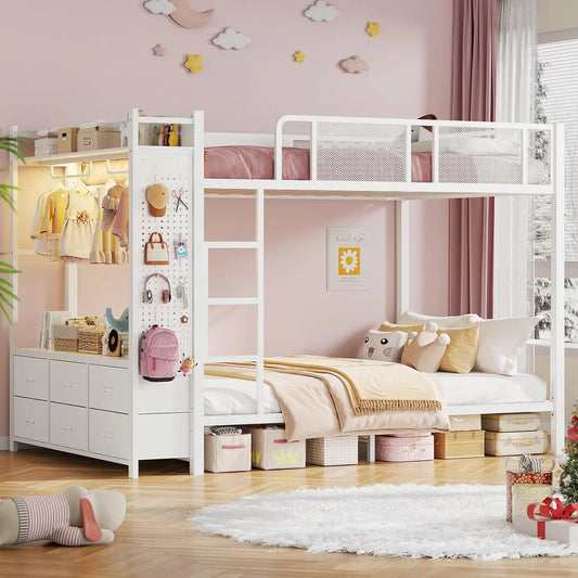 Metal Bunk Bed Full Over Full With Hall Tree Power Outlet LED 6 Storage Drawers