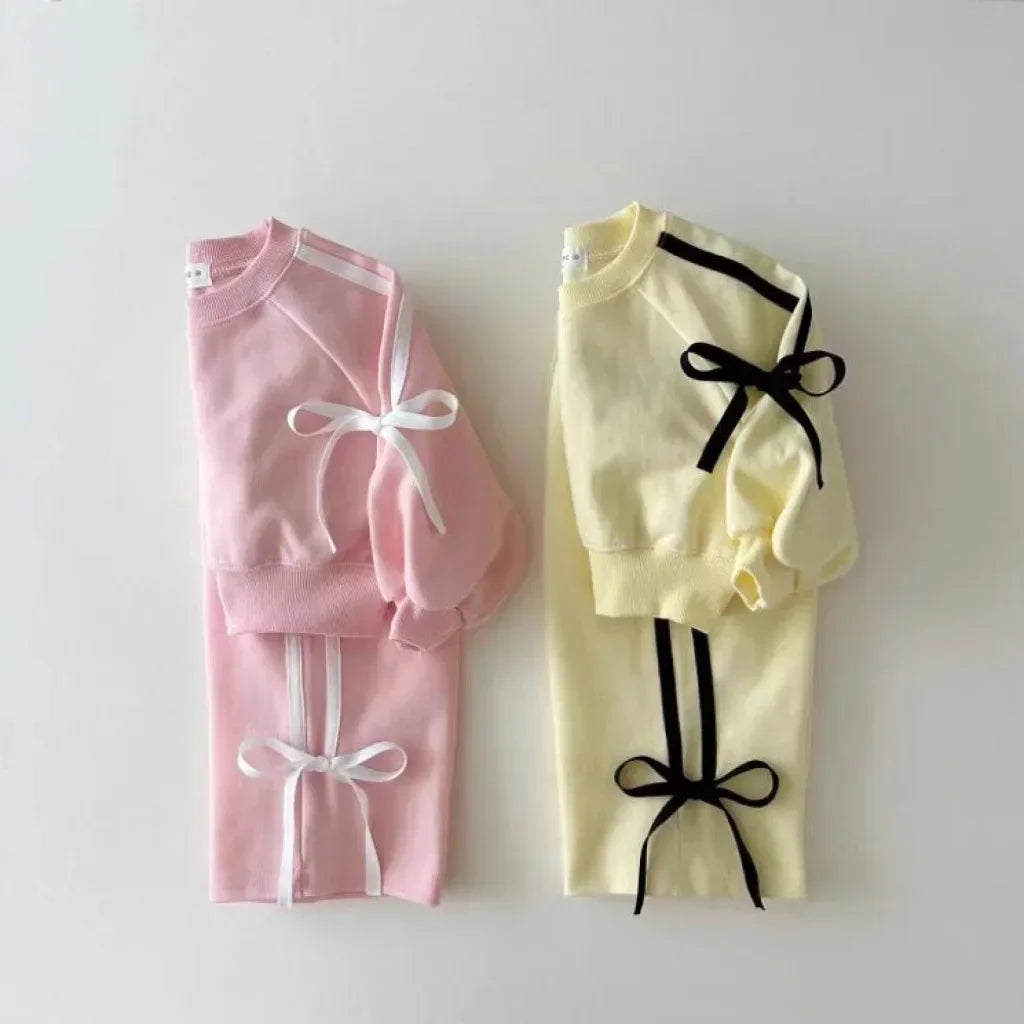 Korean Style 1-5Y Girl Autumn 2-Piece Cotton Tracksuit Bow Raglan Sweatshirt Set