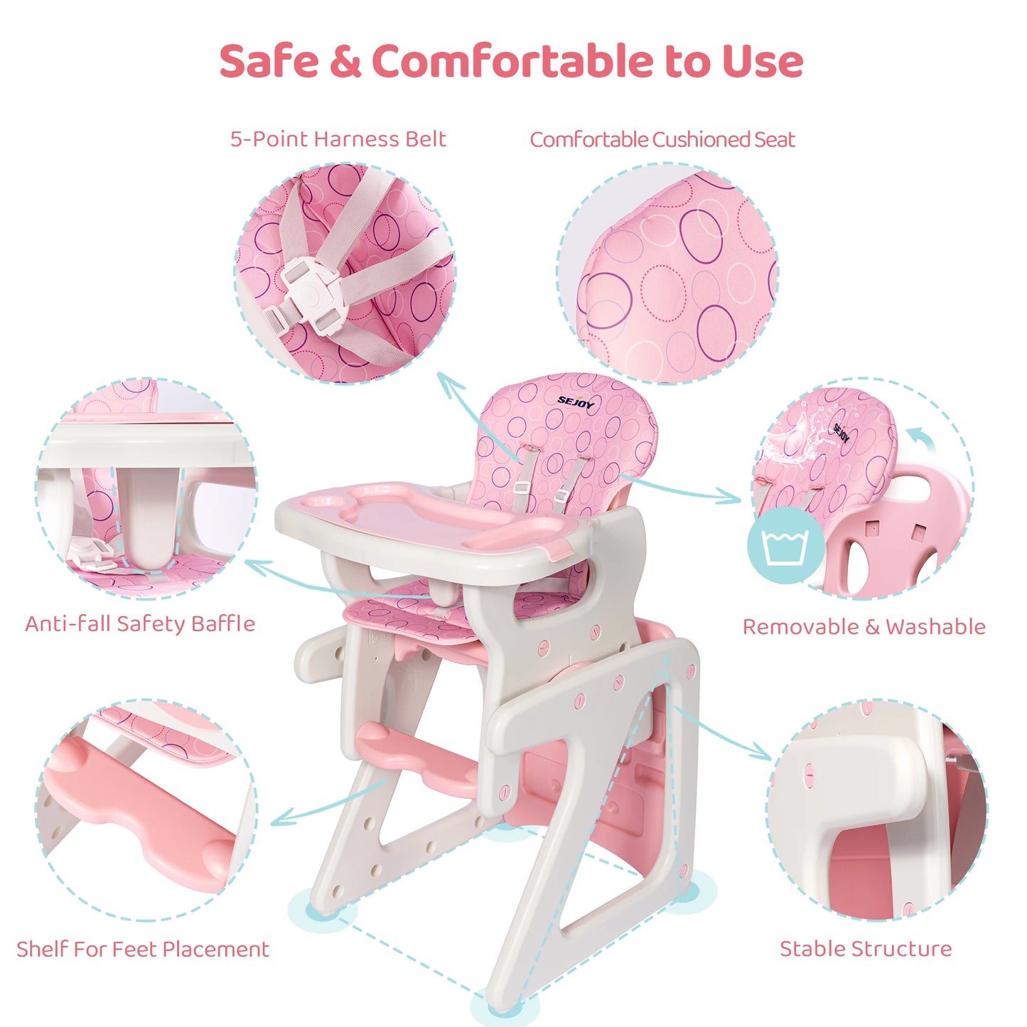 Baby High Chair Foldable 2-in-1 with Table Footrest Detachable Double Tray Easy to Clean Feeding Highchair