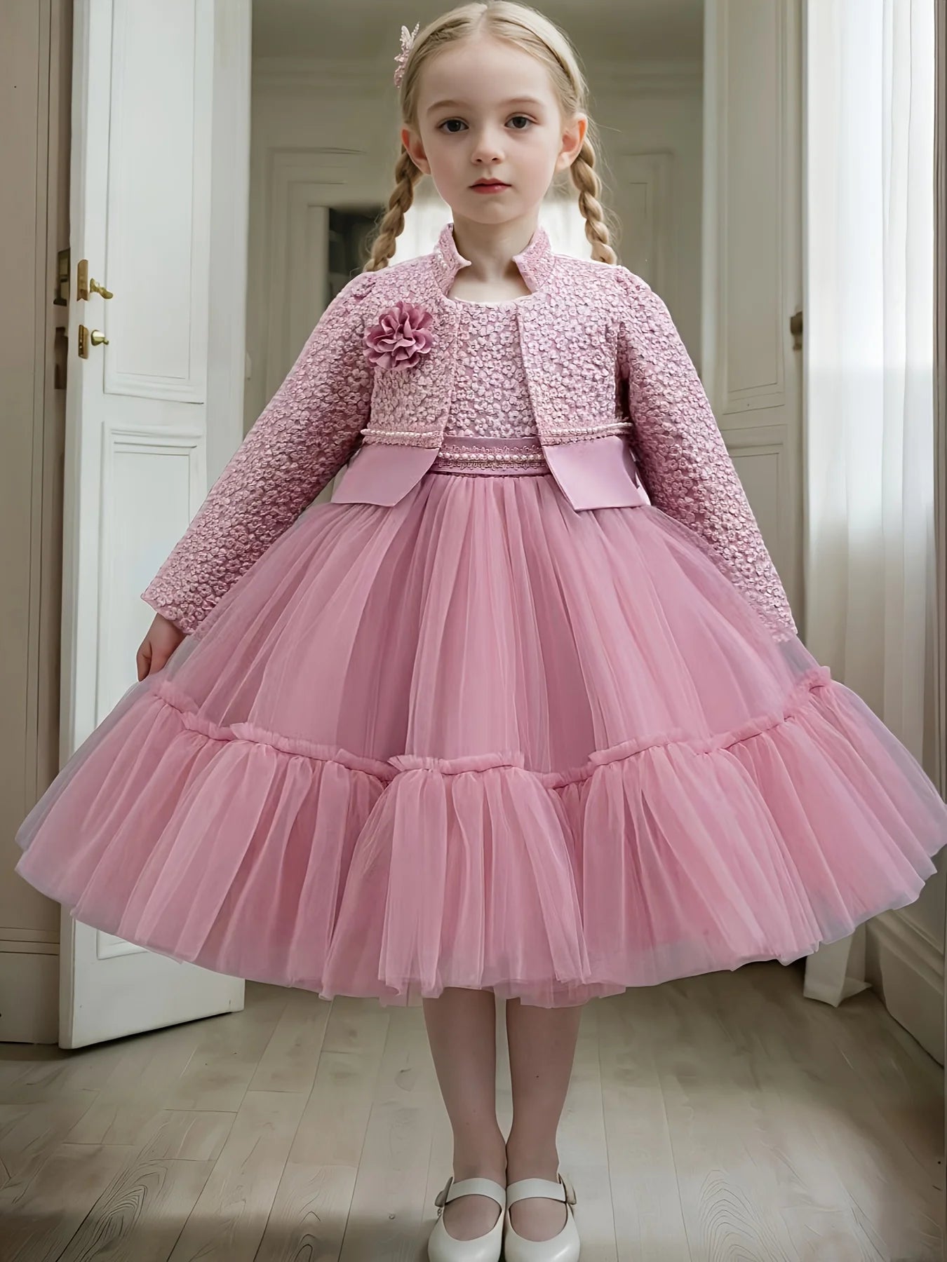 Girls Dress Set Khaki Lotus Lace Spring Autumn 2024 Fashion Princess Outfit