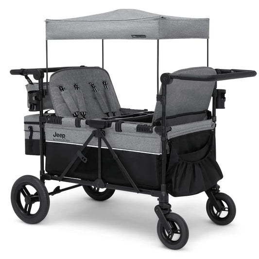 Deluxe 4 Seater Stroller Wagon Premium Quad Stroller for 4 Kids with Convertible Seats Adjustable Push Pull Handles Removable Canopy Flat Fold Grey