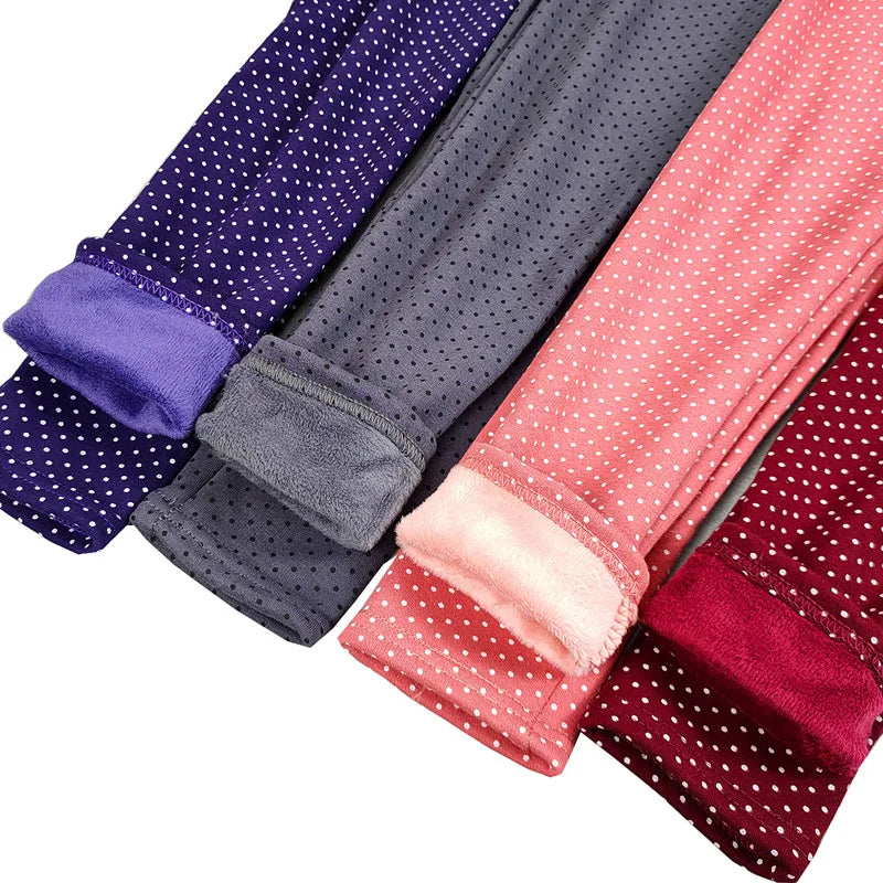 Velvet Dot Leggings For Girls Winter Cotton Stretch Elastic Waist Slim Pants