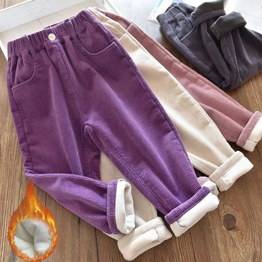Kids Corduroy Warm Pants For Autumn Winter Unisex High Waist 1 To 9 Years